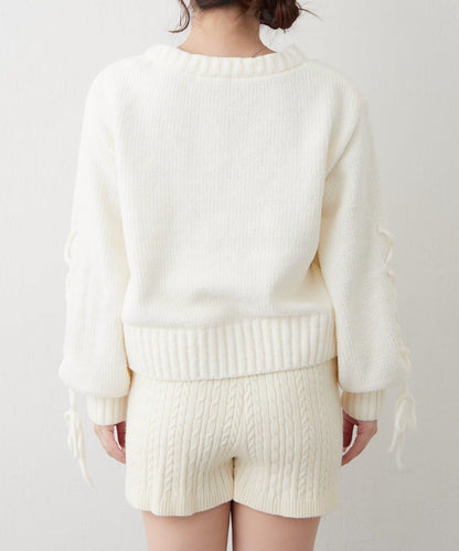 繫帶花邊麻花針織衫