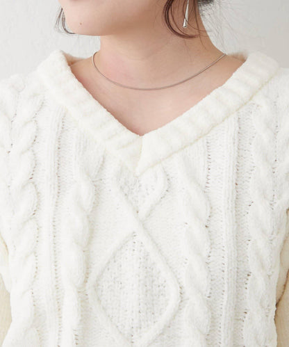 繫帶花邊麻花針織衫