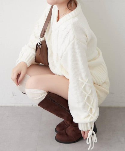 繫帶花邊麻花針織衫