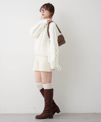 繫帶花邊麻花針織衫