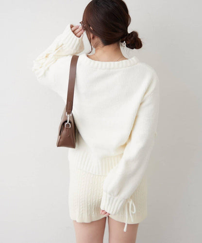 繫帶花邊麻花針織衫