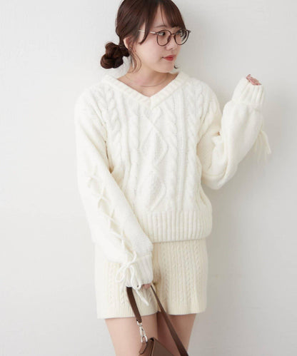 繫帶花邊麻花針織衫