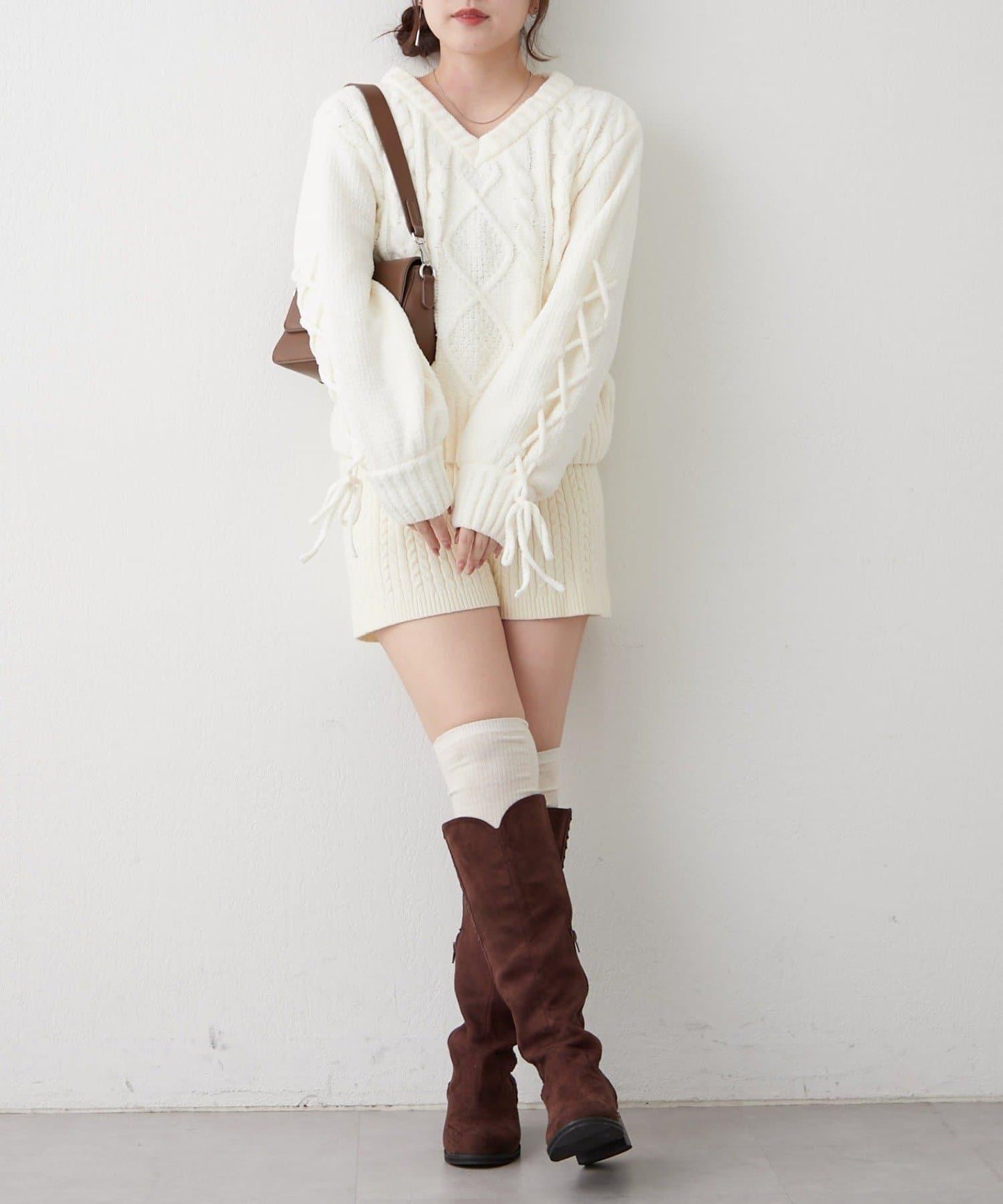 繫帶花邊麻花針織衫