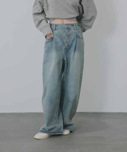 「3尺碼可選」褶皺紐扣牛仔褲