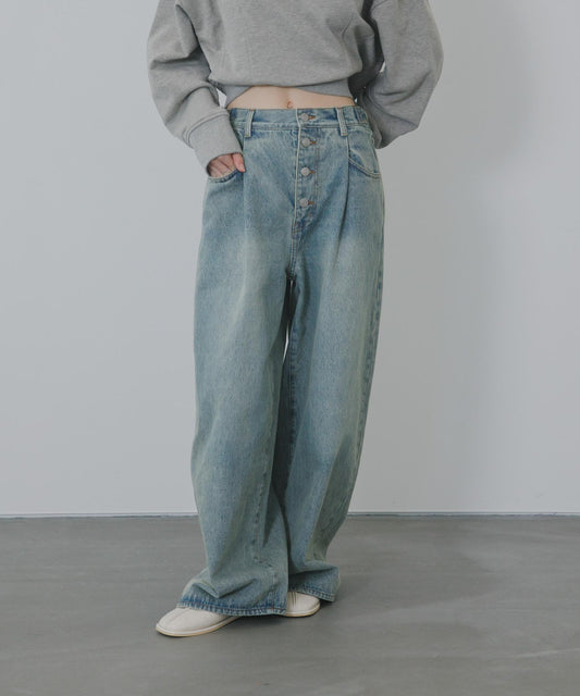 「3尺碼可選」褶皺紐扣牛仔褲