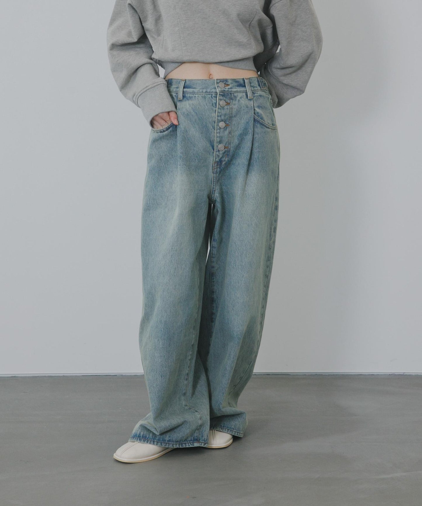 「3尺碼可選」褶皺紐扣牛仔褲