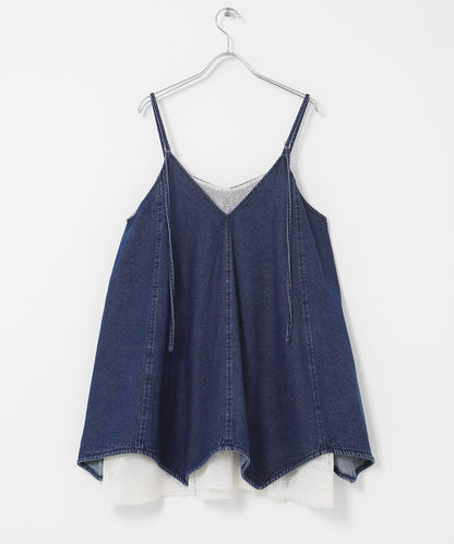 網紗拼接牛仔吊帶連衣裙