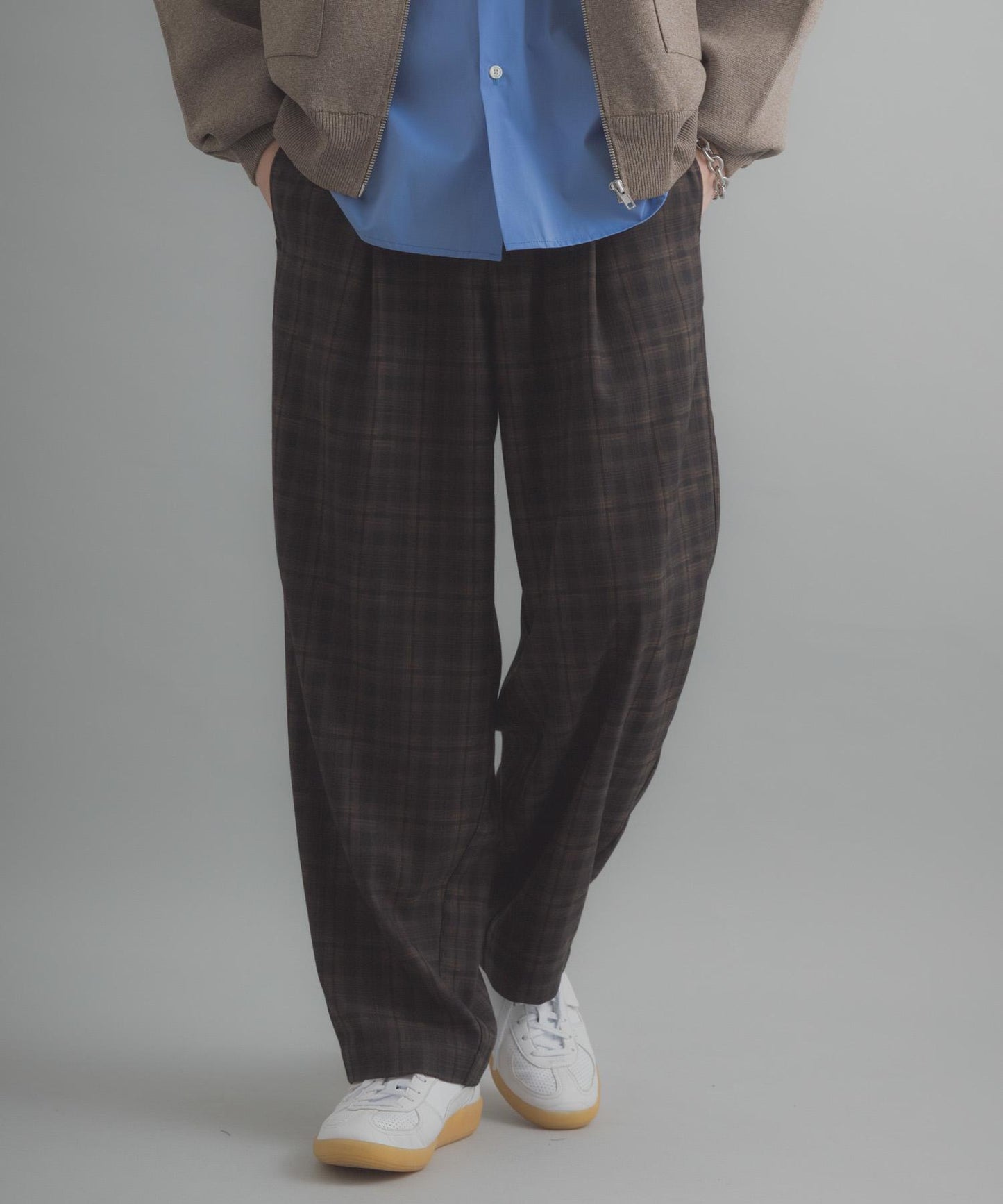 格紋桶形寬腿褲