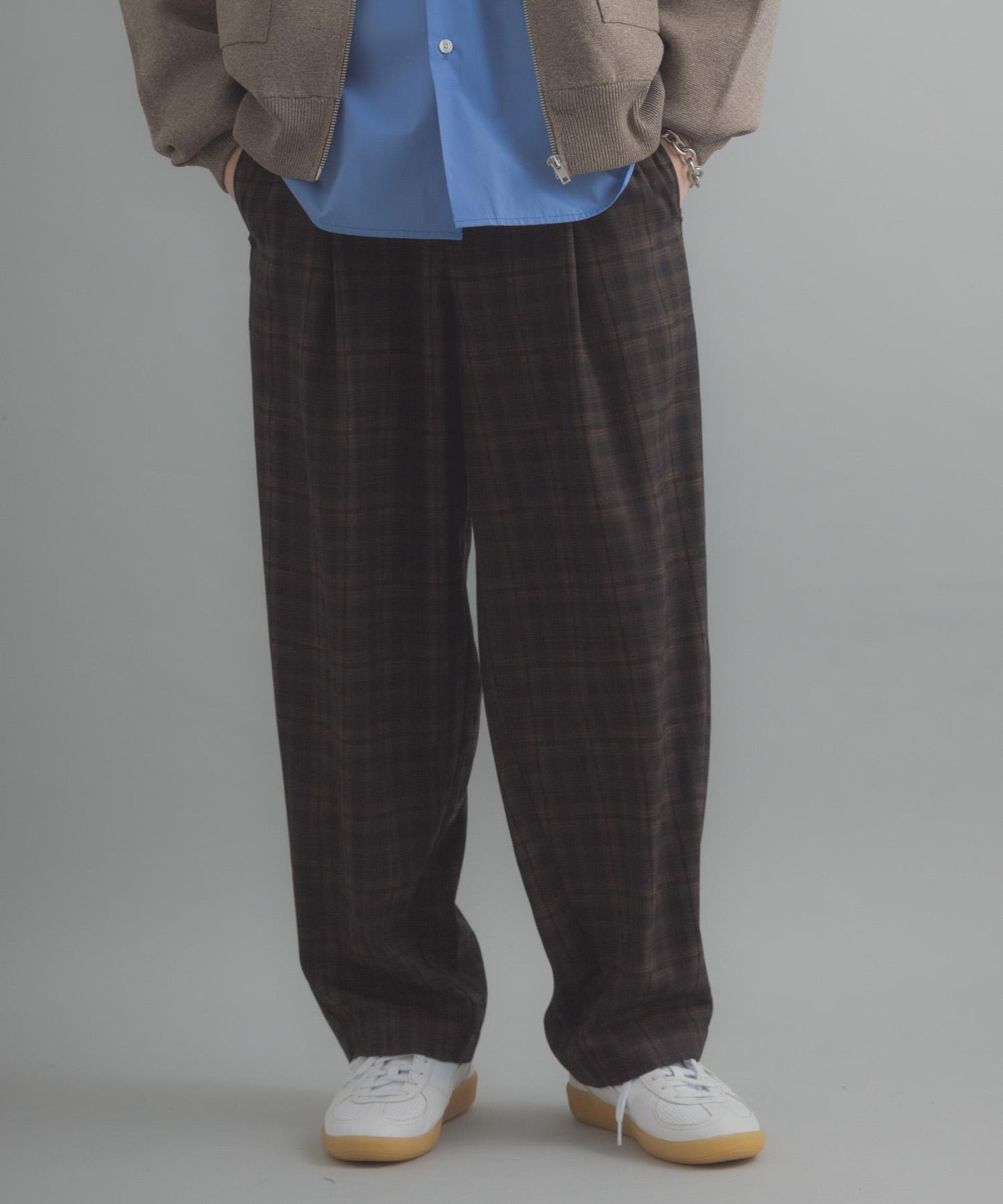 格紋桶形寬腿褲