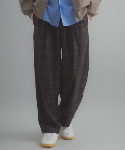 格紋桶形寬腿褲