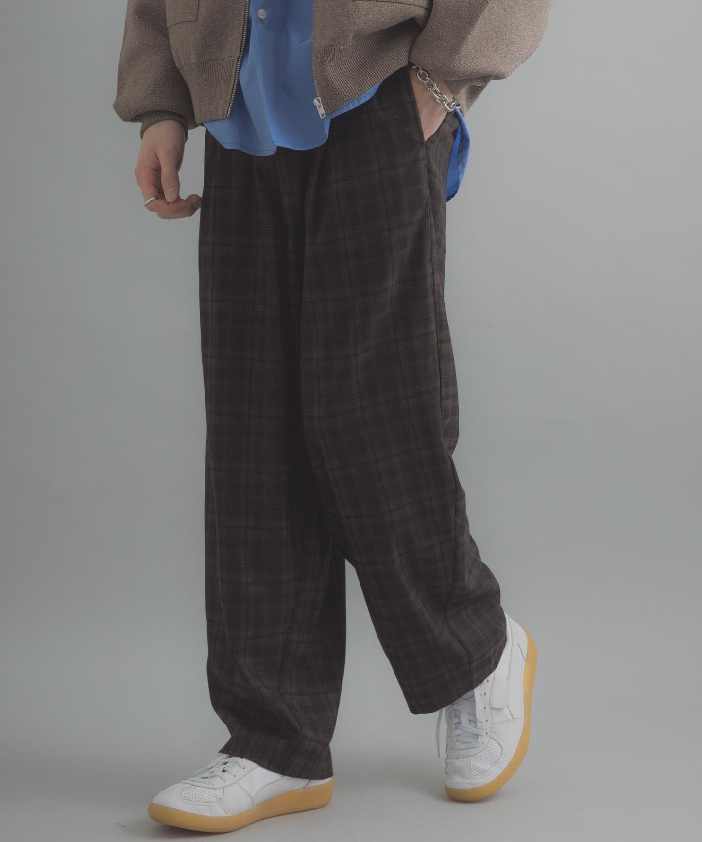 格紋桶形寬腿褲