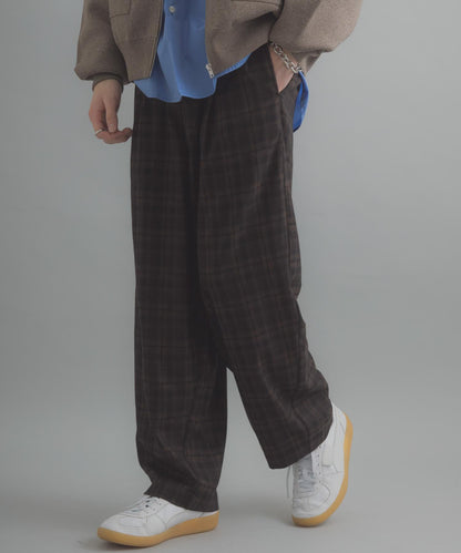 格紋桶形寬腿褲