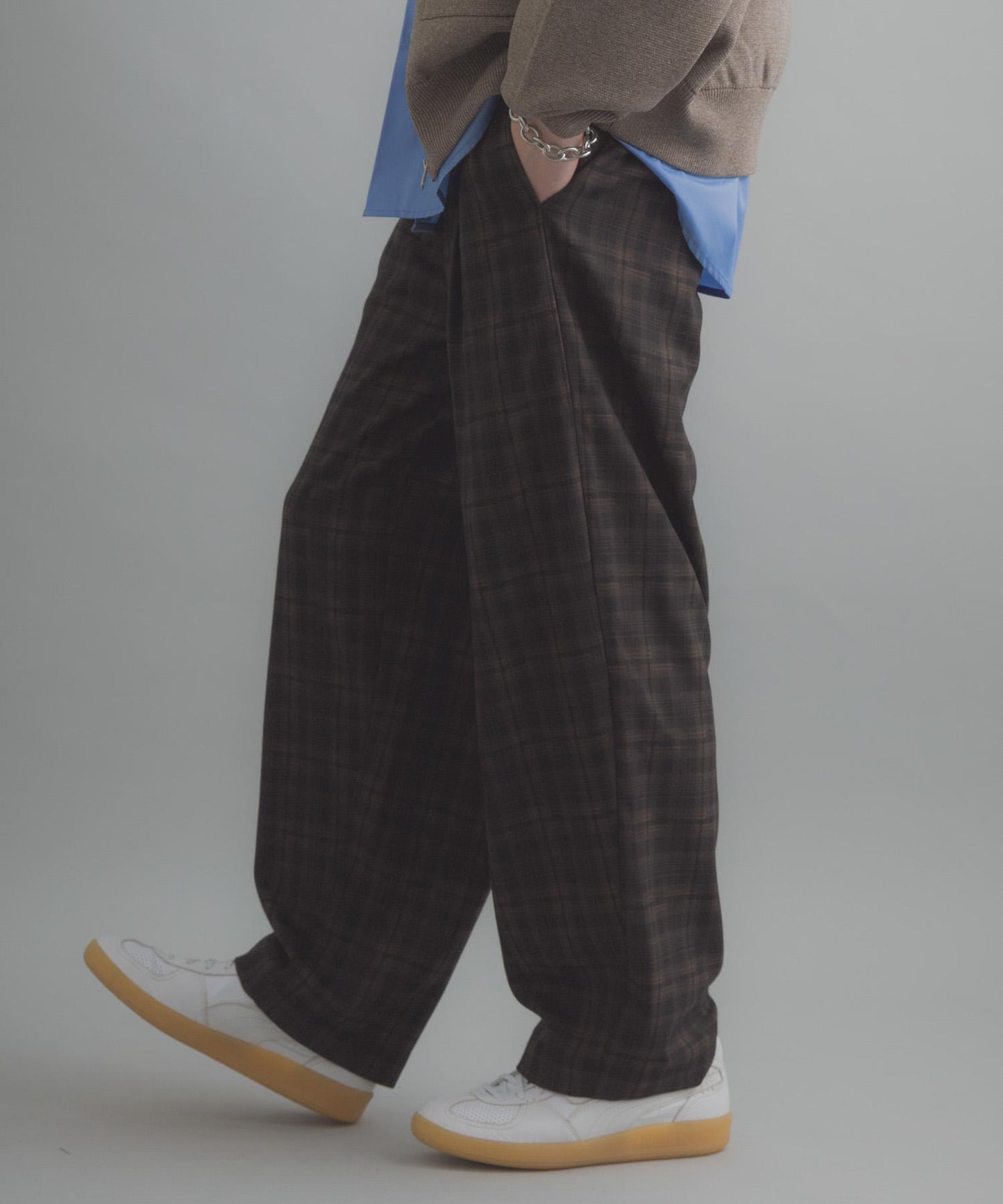 格紋桶形寬腿褲