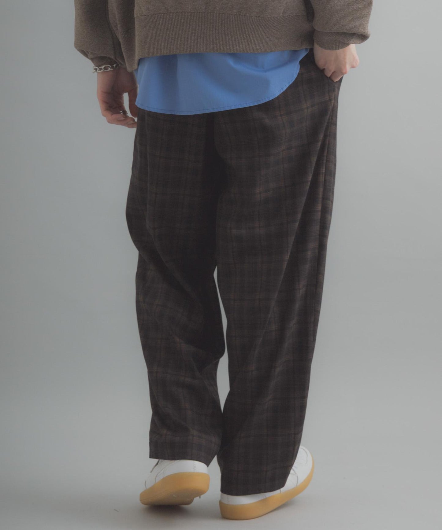 格紋桶形寬腿褲