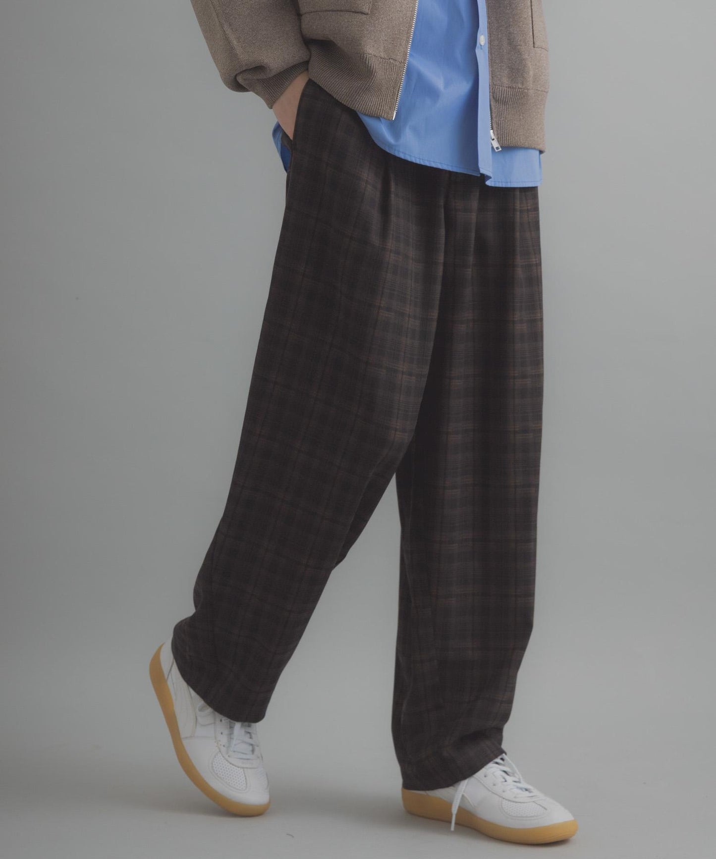 格紋桶形寬腿褲