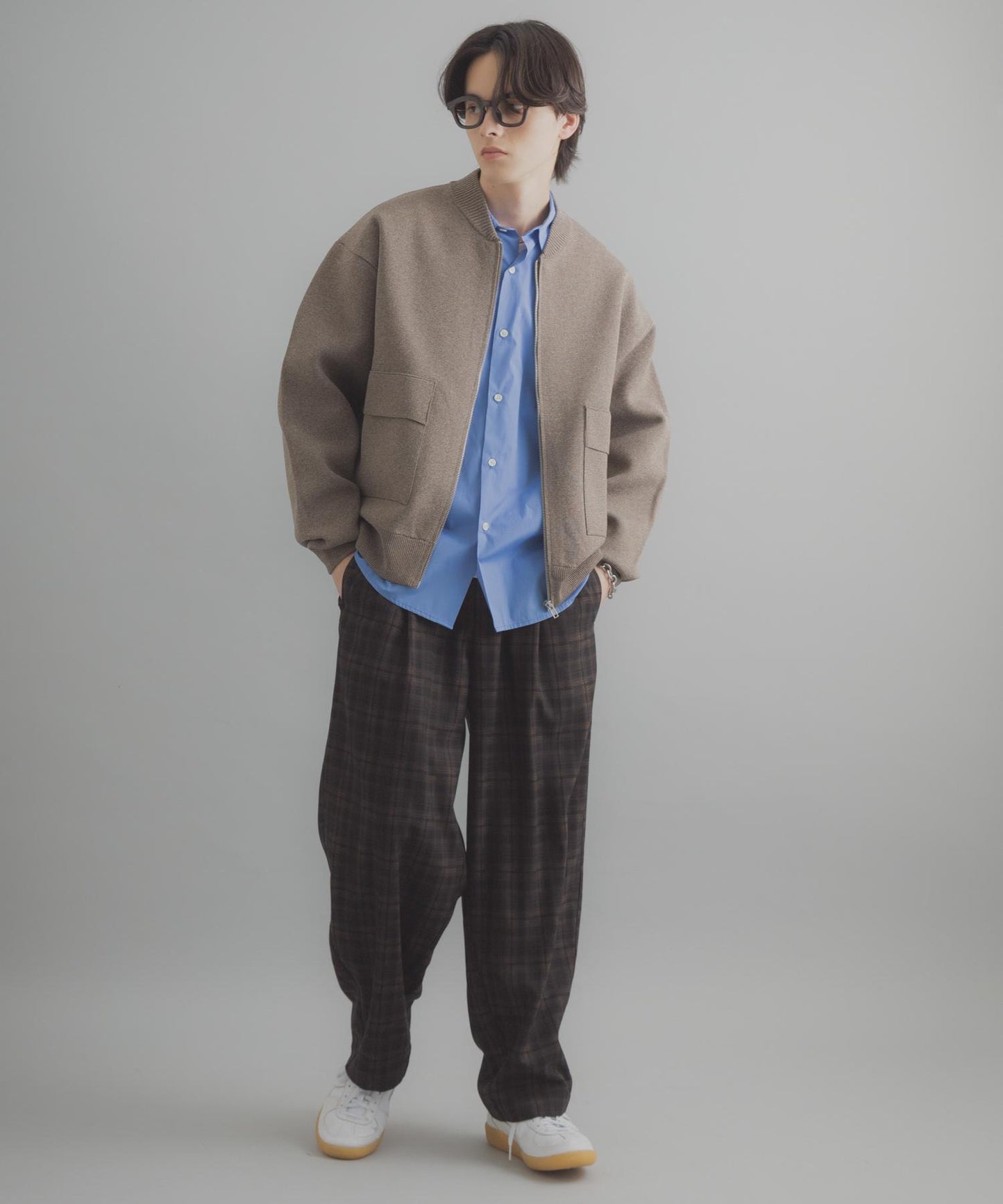 格紋桶形寬腿褲