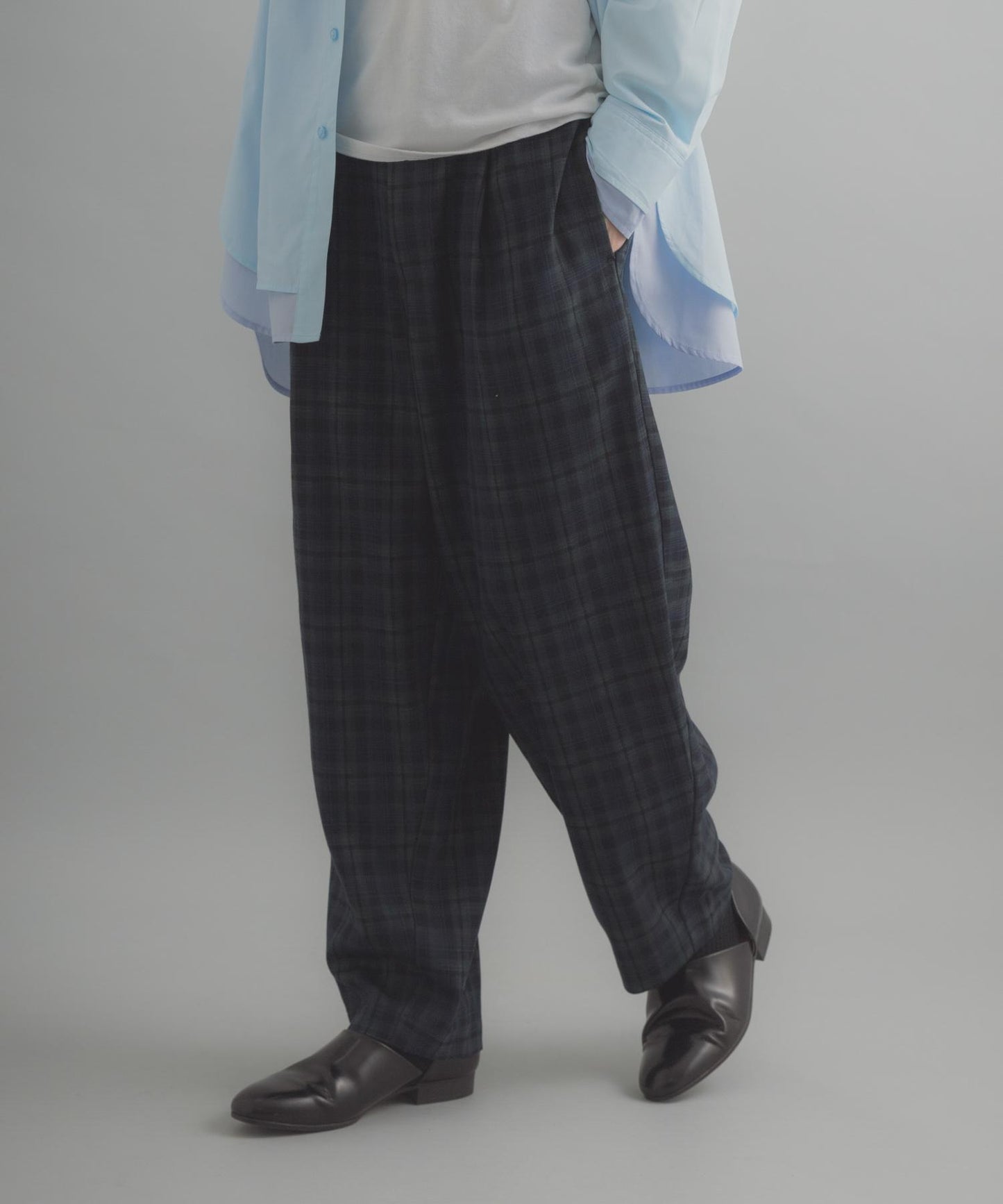 格紋桶形寬腿褲