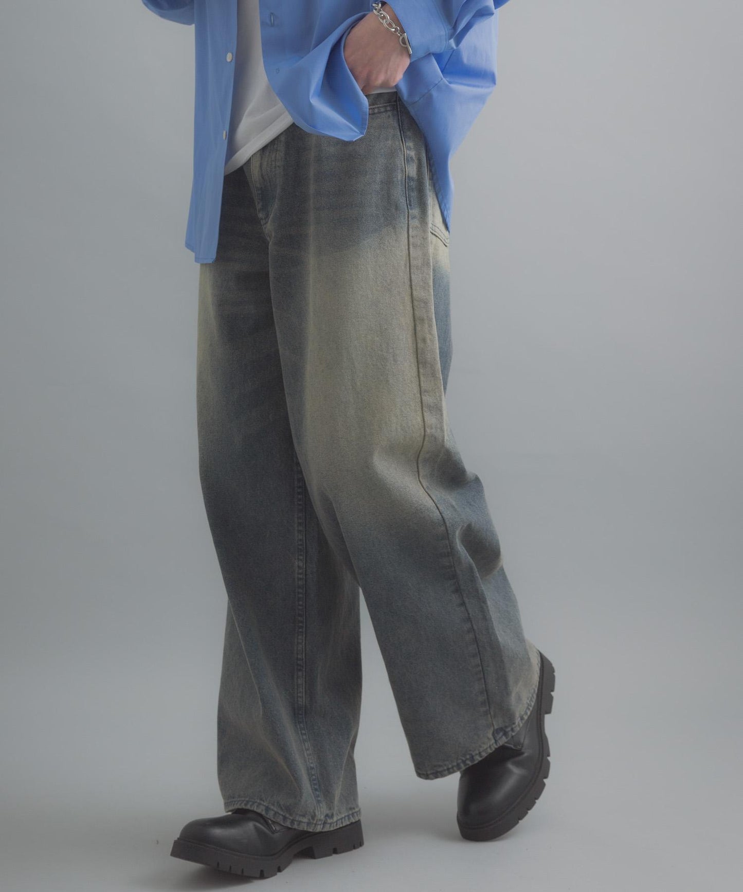 復古風牛仔寬腿褲