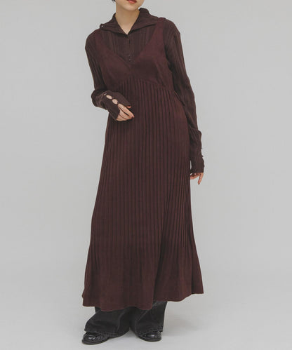 桃皮縐褶連衣裙