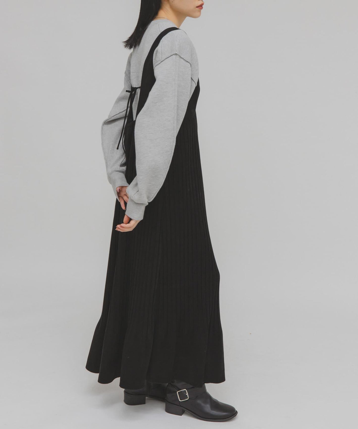 桃皮縐褶連衣裙