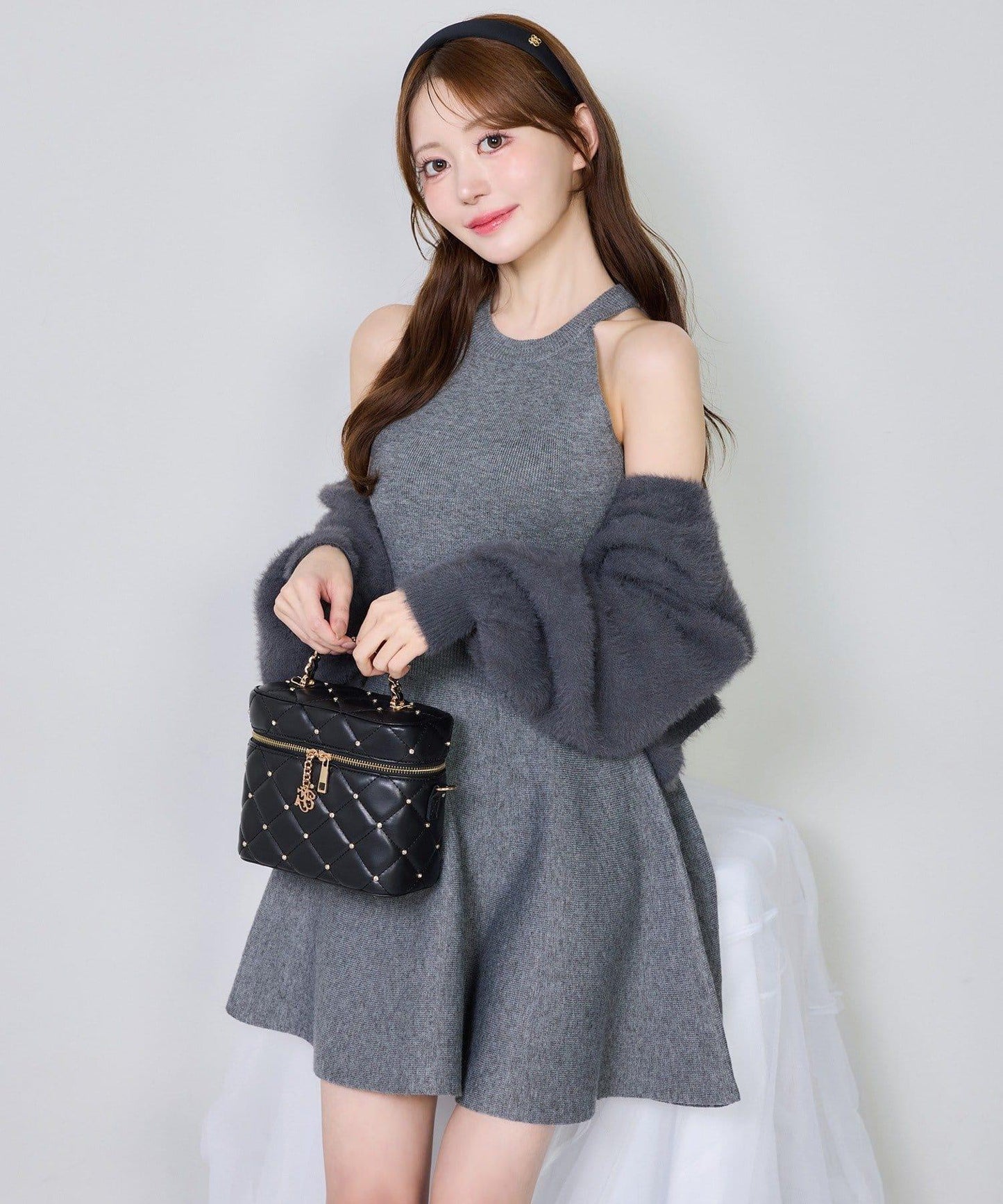 2WAY羽毛開衫套裝後系蝴蝶結針織迷你連衣裙