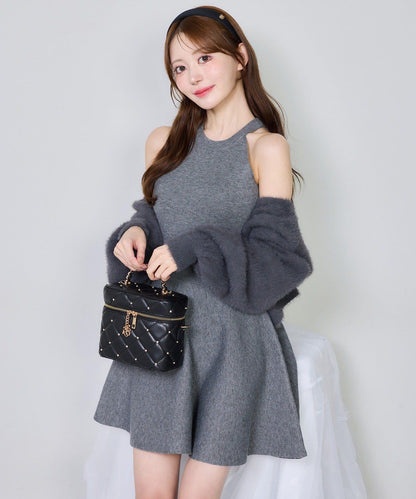 2WAY羽毛開衫套裝後系蝴蝶結針織迷你連衣裙