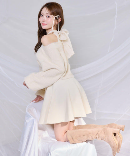 2WAY羽毛開衫套裝後系蝴蝶結針織迷你連衣裙