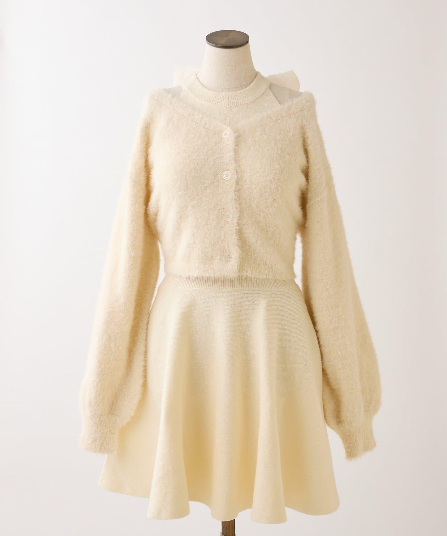 2WAY羽毛開衫套裝後系蝴蝶結針織迷你連衣裙