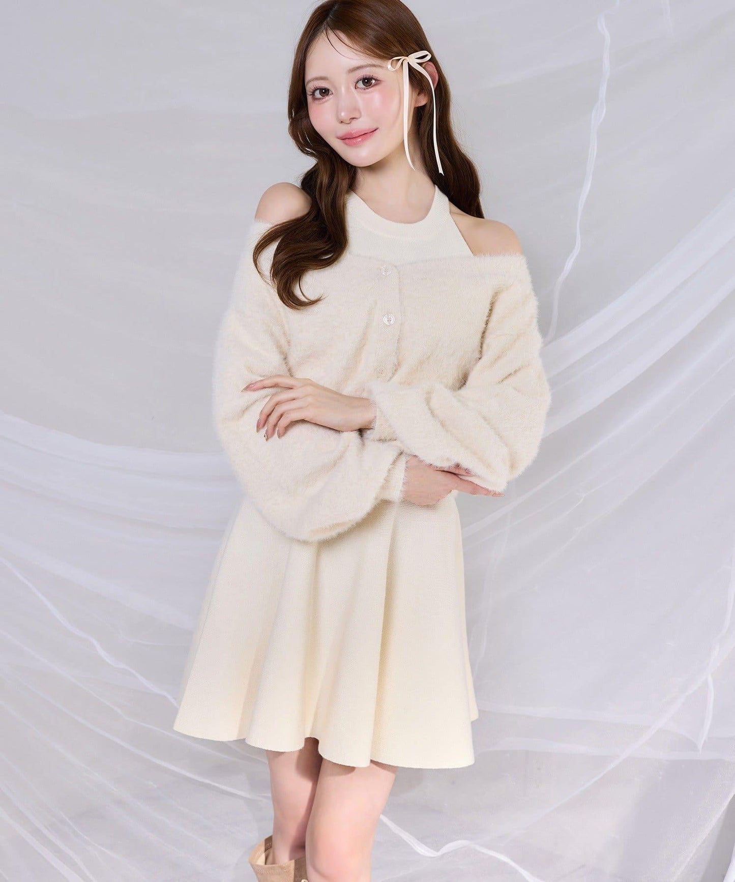 2WAY羽毛開衫套裝後系蝴蝶結針織迷你連衣裙