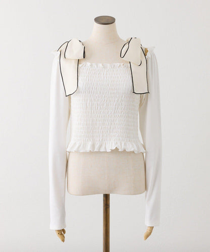 肩帶蝴蝶結褶皺上衣