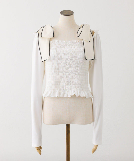 肩帶蝴蝶結褶皺上衣