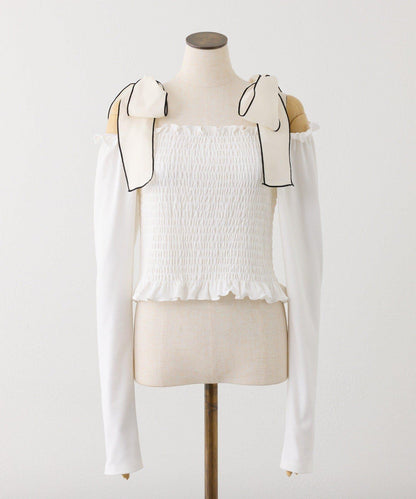 肩帶蝴蝶結褶皺上衣