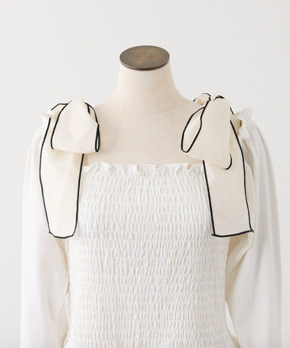 肩帶蝴蝶結褶皺上衣