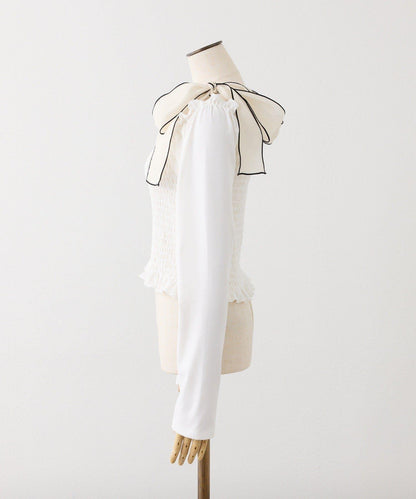 肩帶蝴蝶結褶皺上衣