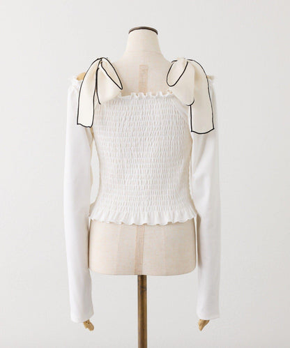 肩帶蝴蝶結褶皺上衣