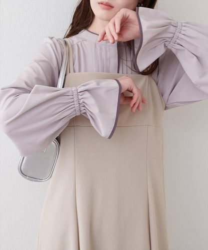 拼色滾邊褶皺女襯衫