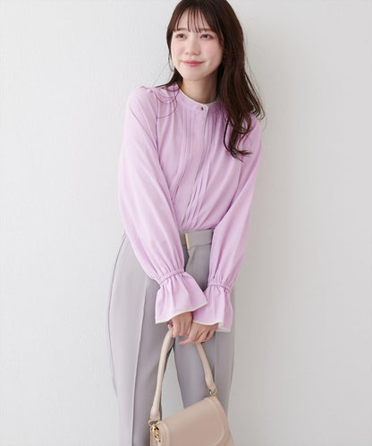 拼色滾邊褶皺女襯衫