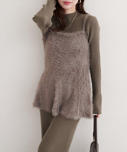 露背荷葉邊吊帶背心+針織連衣裙