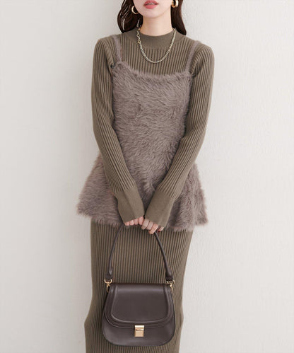 露背荷葉邊吊帶背心+針織連衣裙