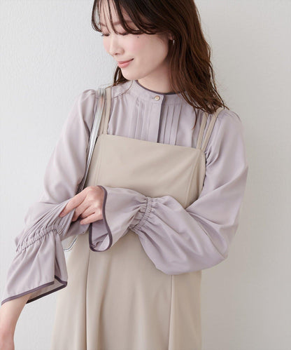 拼色滾邊褶皺女襯衫