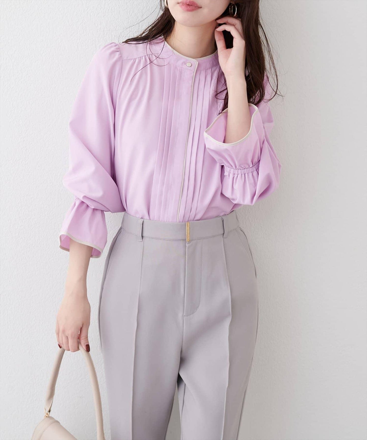 拼色滾邊褶皺女襯衫