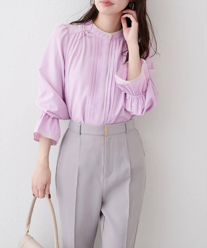 拼色滾邊褶皺女襯衫