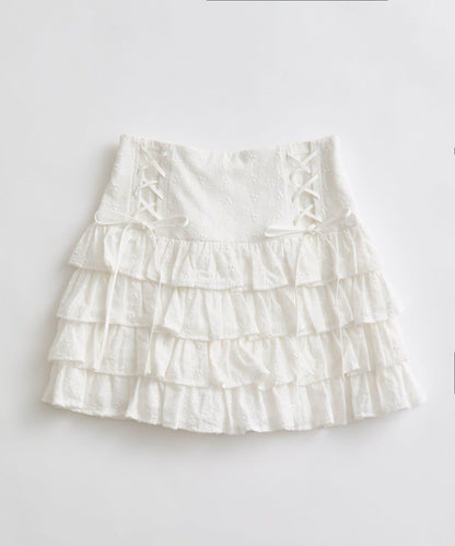 繫帶四層荷葉邊裙