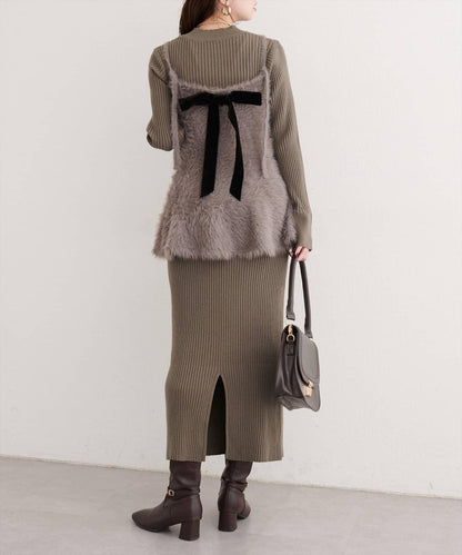 露背荷葉邊吊帶背心+針織連衣裙