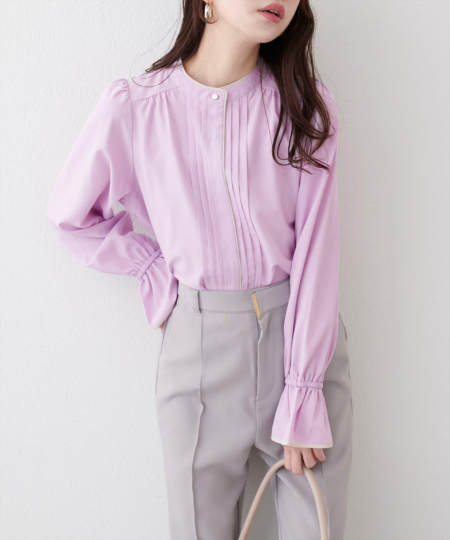 拼色滾邊褶皺女襯衫