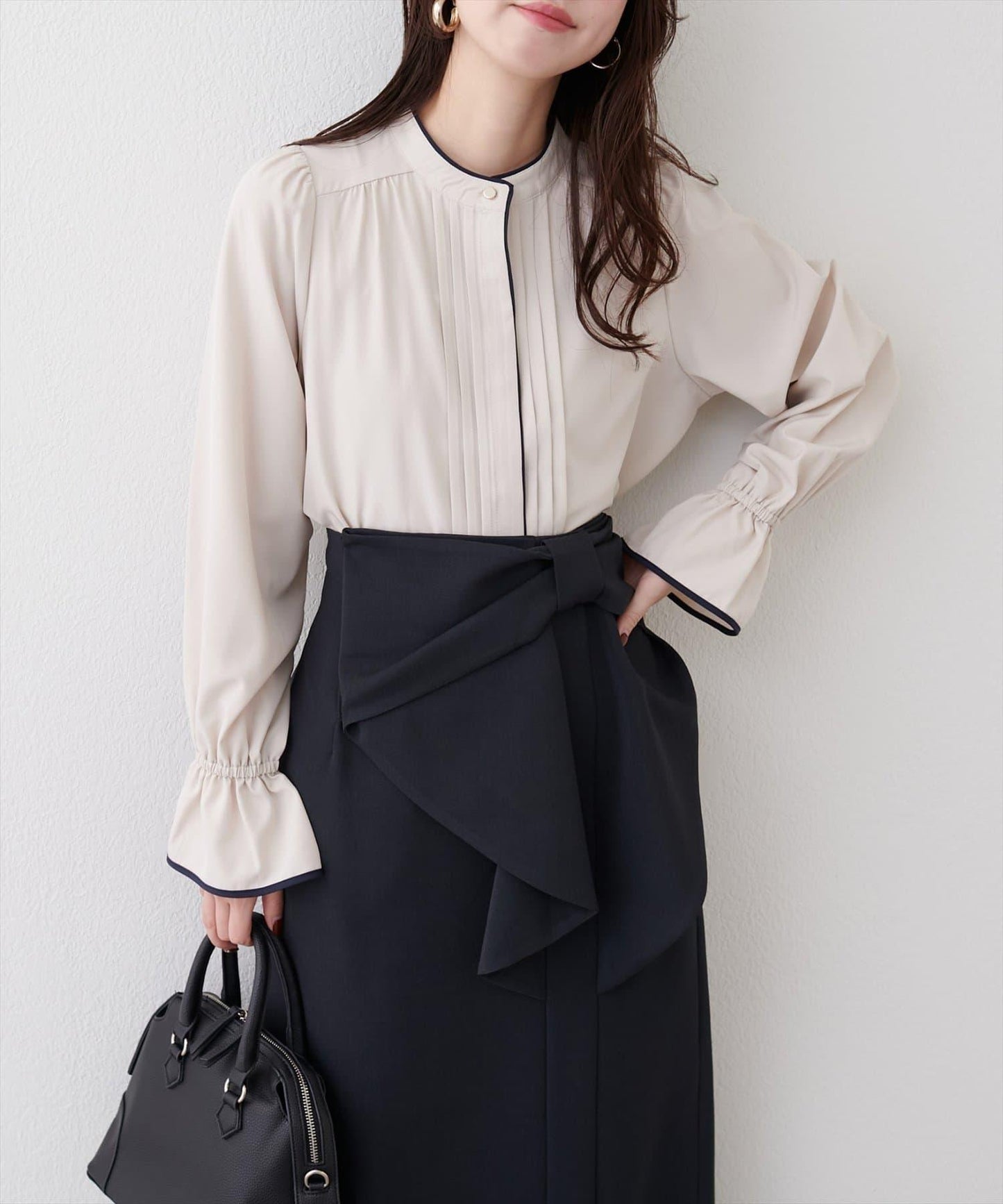 拼色滾邊褶皺女襯衫