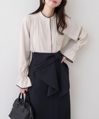 拼色滾邊褶皺女襯衫