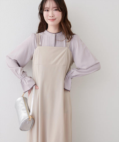 拼色滾邊褶皺女襯衫