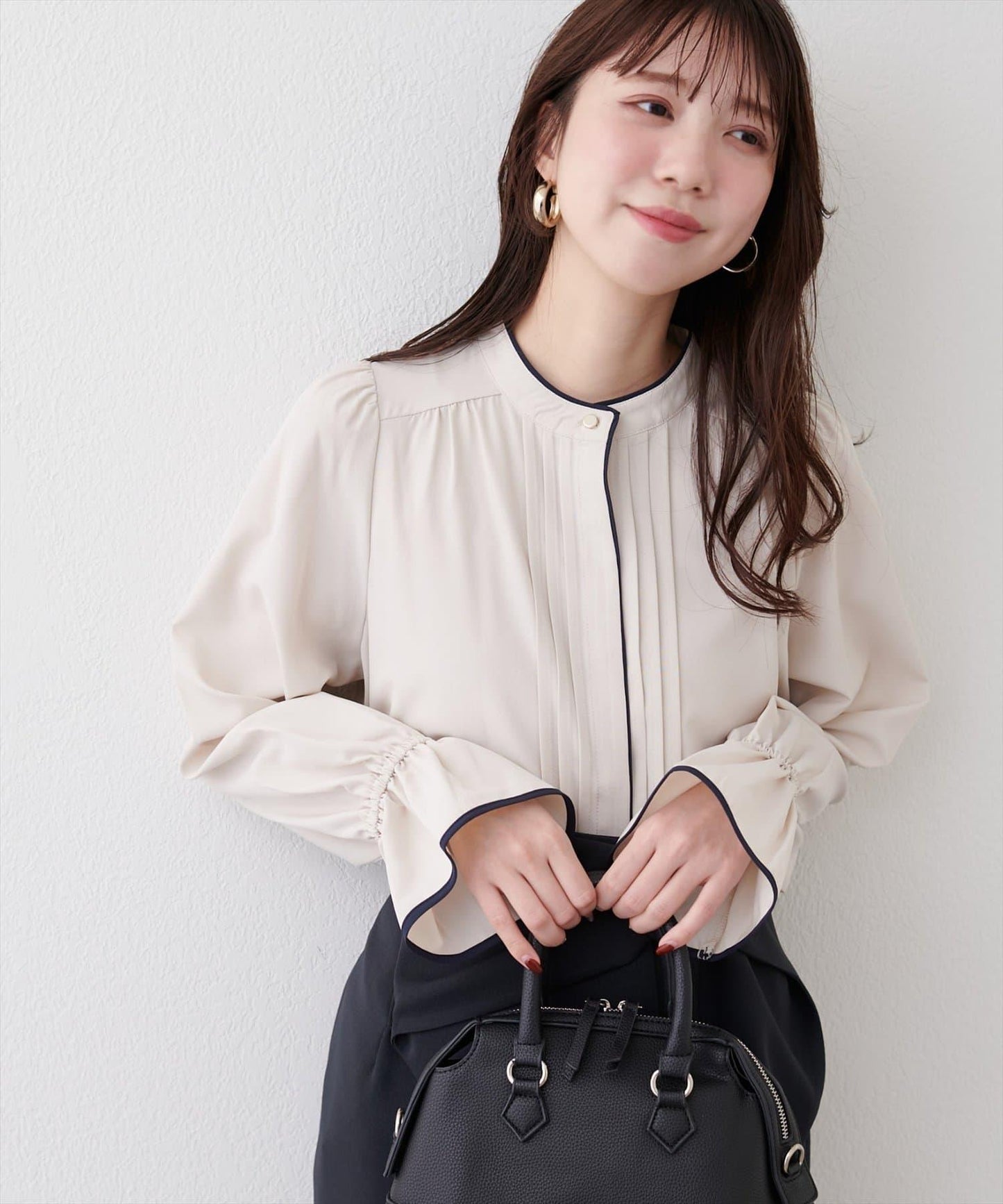 拼色滾邊褶皺女襯衫