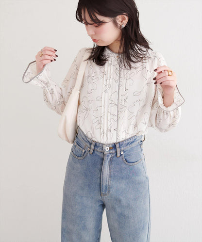 拼色滾邊褶皺女襯衫